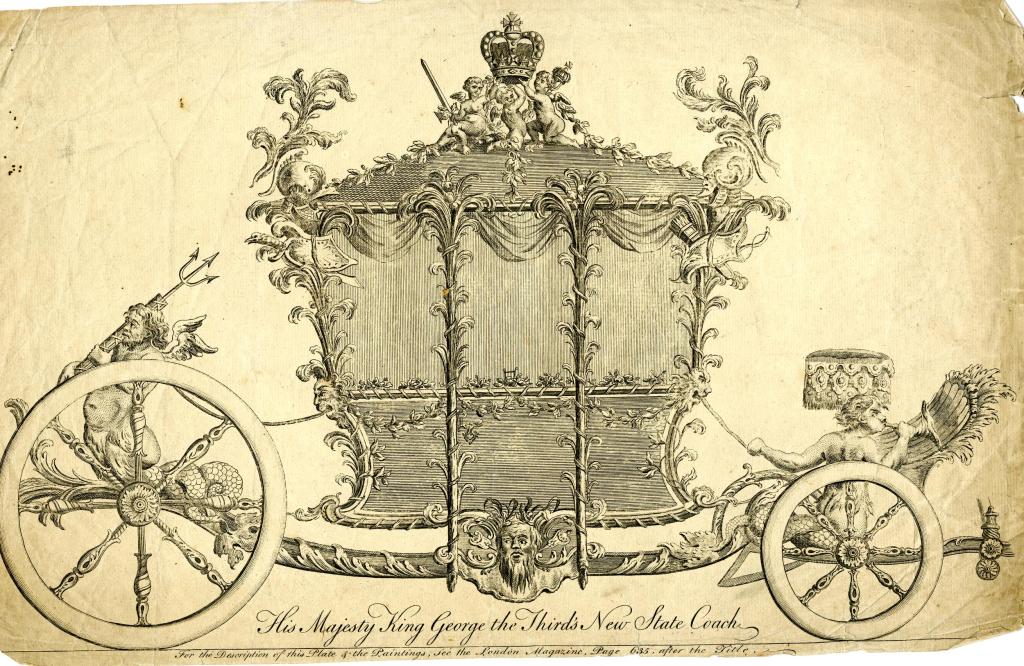 An etching of a coach seen from the side, turned to the right, with statue of sea man holding a trident on the back and another blowing a horn on the front, and three putti holding a crown on the top. Text reads, 'His Majesty King George the Third's New State Coach', illustration to the 'London Magazine'.