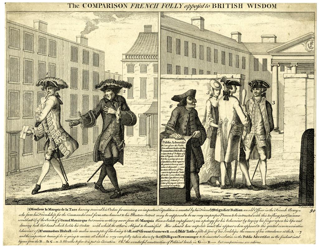 Etching on off white paper. Two separate scenes are shown, in the first two characters in wide feather-brimmed hats look at each other other their shoulders, in the second scene a journalist in the foreground stands watching two men and a woman who are in discussion. Satire on those who carelessly reveal military secrets.